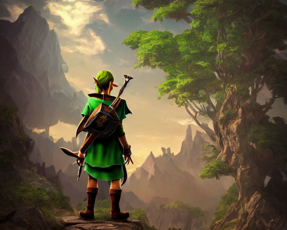 Character in Green Tunic and Cap on Rocky Outcrop Facing Mountainous Landscape