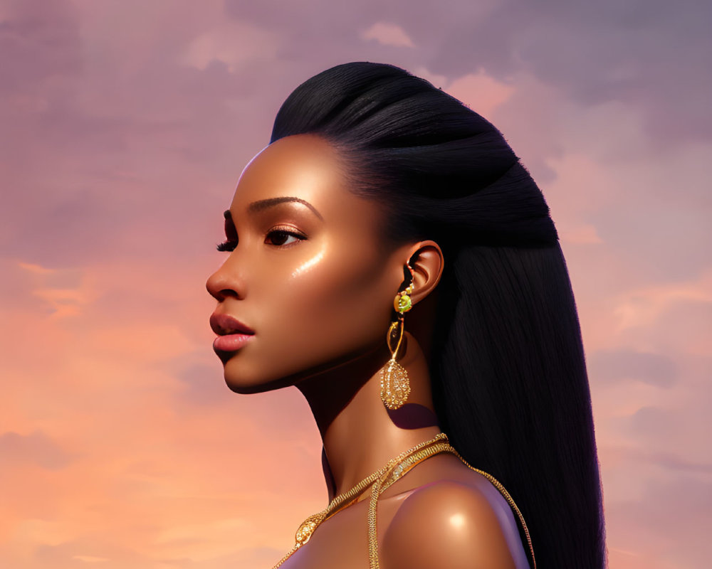 Woman with slicked-back hair and gold attire in sunset sky digital illustration