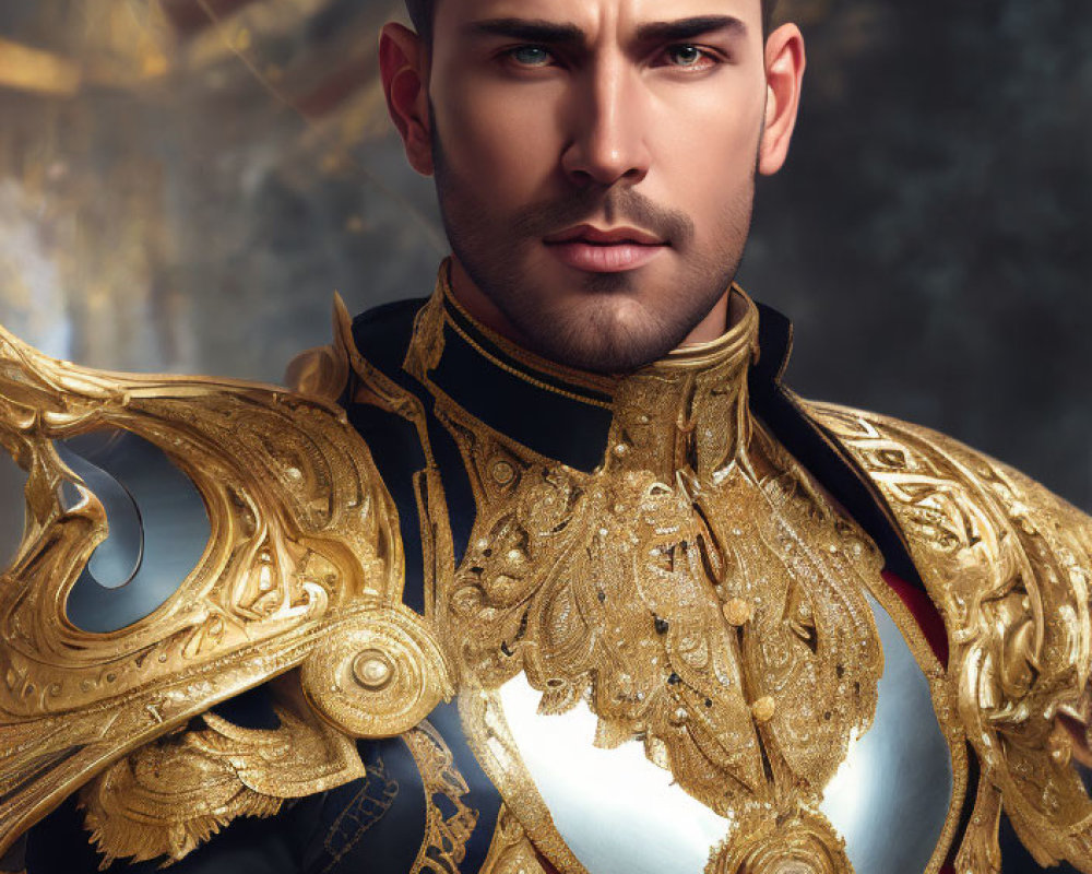 Regal Man in Luxurious Military Uniform with Golden Embroidery