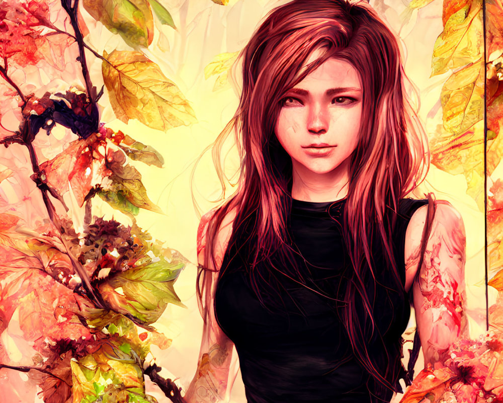 Vibrant autumn leaves frame young woman with pinkish hair