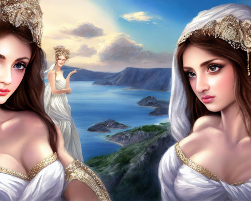 Illustrated Women in White Dresses with Ornate Headdresses by Coastal Landscape