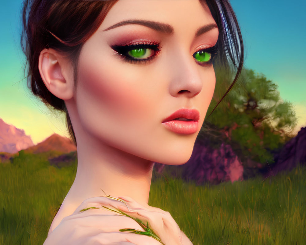 Vibrant digital portrait of woman with green eyes in sunset landscape