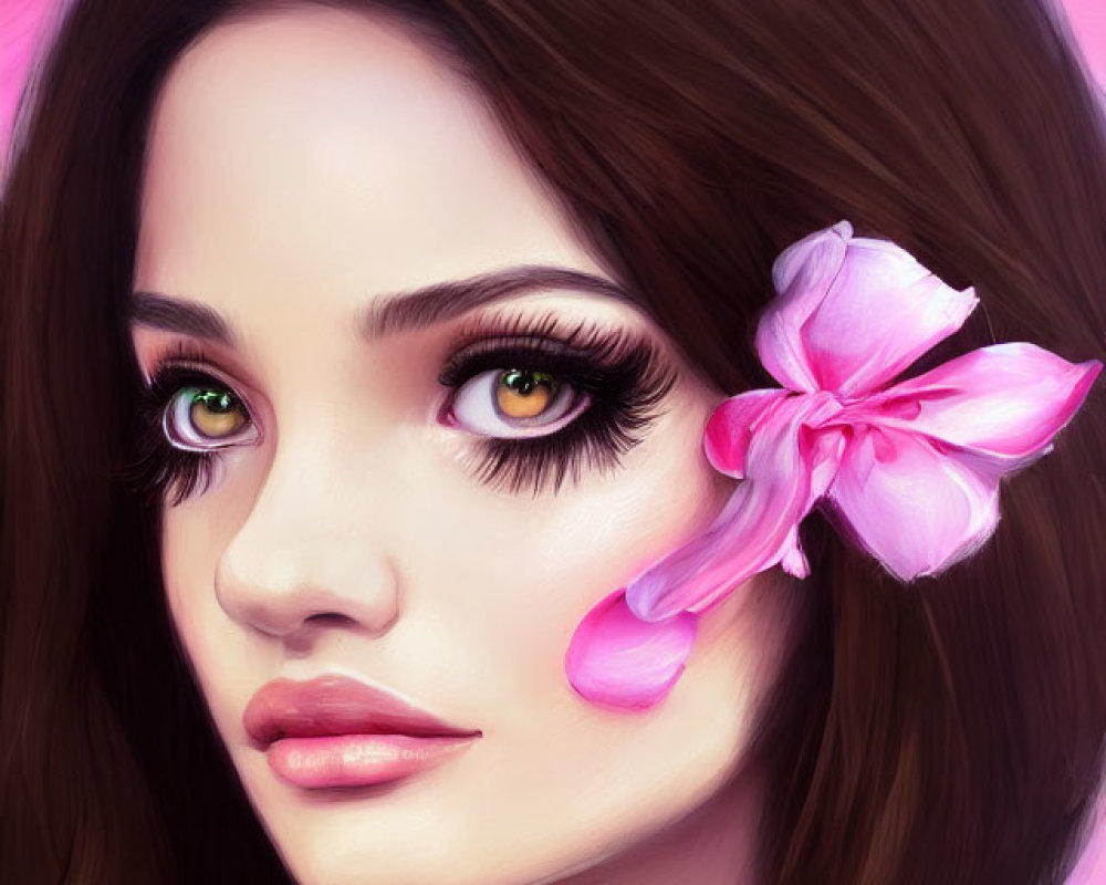 Portrait of woman with pink flower, long eyelashes, green attire on pink backdrop