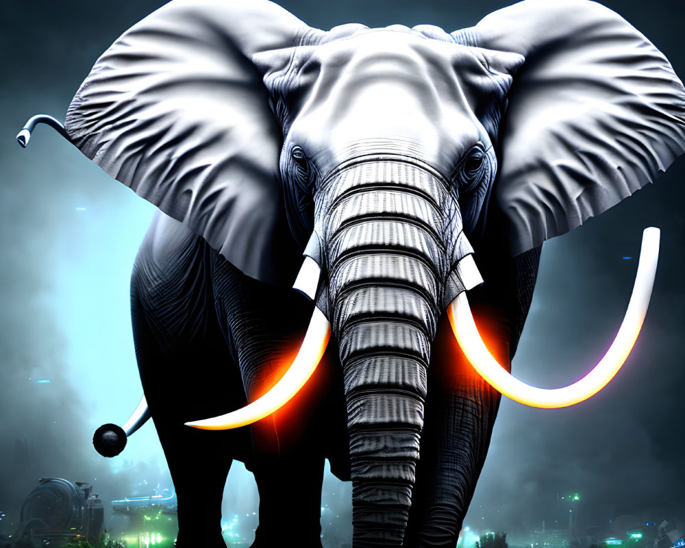 Digitally Enhanced Elephant with Glowing Tusks in Futuristic Setting