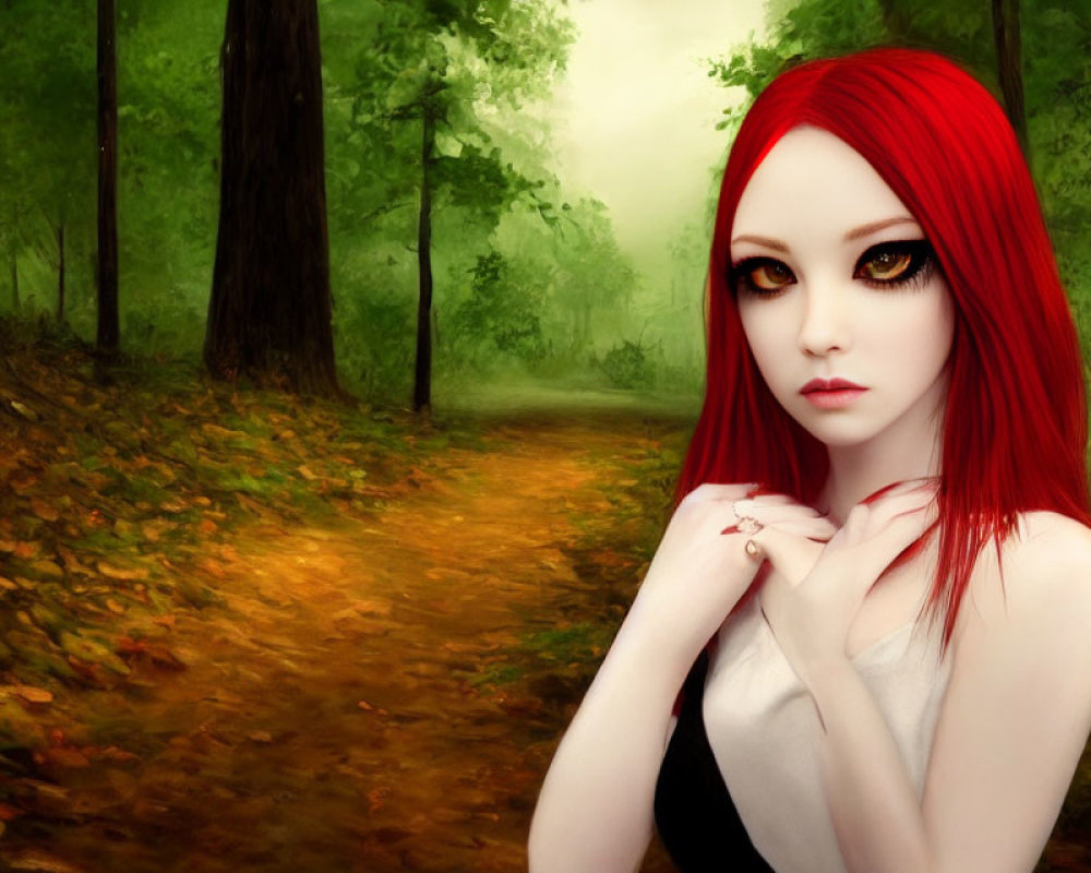 Digital Artwork: Woman with Red Hair in Autumn Forest