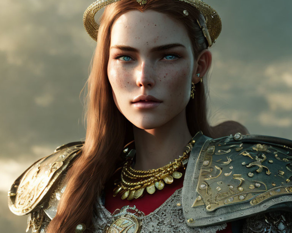 Auburn-Haired Woman in Golden Crown and Armor on Cloudy Sky