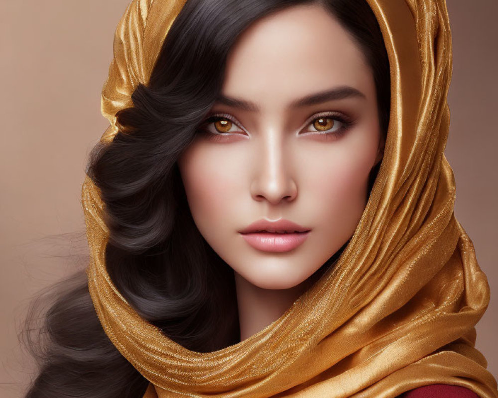 Woman with wavy black hair and amber eyes in elegant golden headscarf on brown background