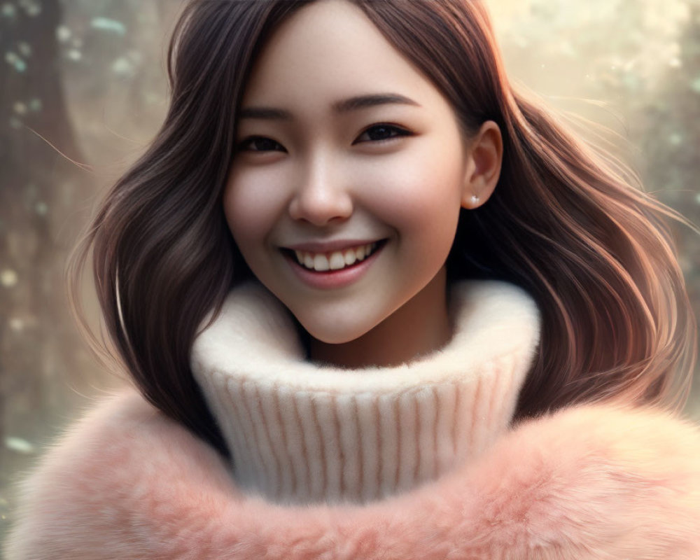 Radiant woman in white turtleneck and pink coat with flowing hair