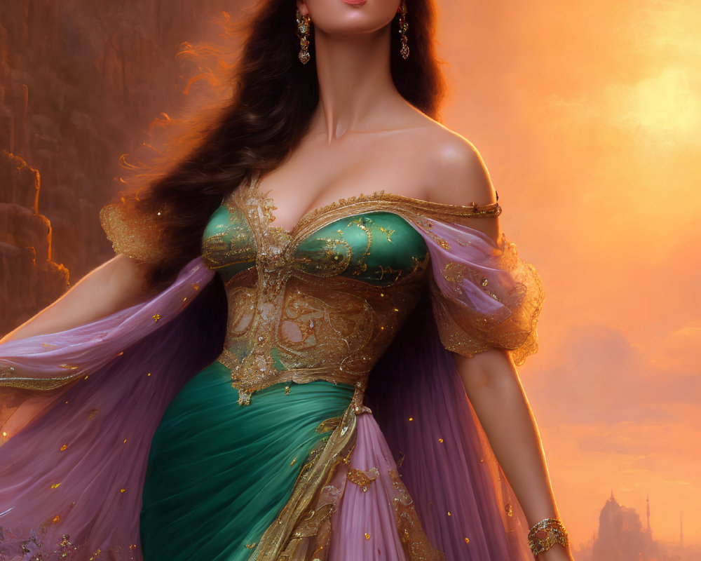 Illustrated woman in green and purple gown with gold accents against sunset backdrop