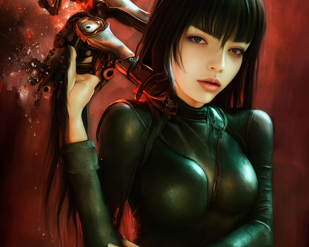 Stylized female character with long black hair, ornate gun, and red backdrop