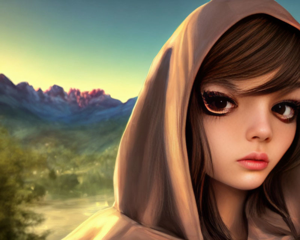 Illustrated character with large eyes in brown hood against mountain landscape