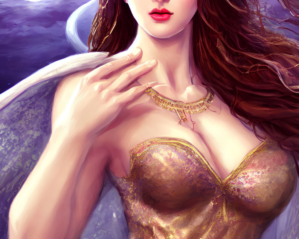 Illustrated portrait of woman with auburn hair in golden corset on starry blue background