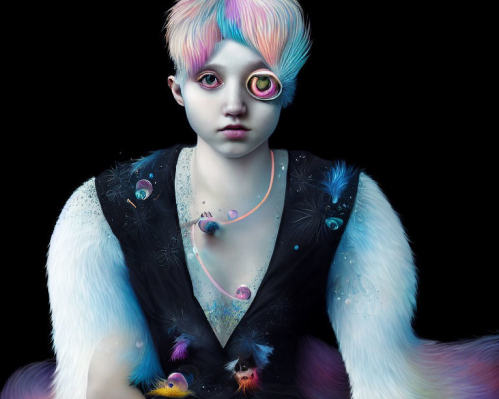 Colorful surreal portrait with rainbow hair, three eyes, feathered outfit, and cosmic orbs on black