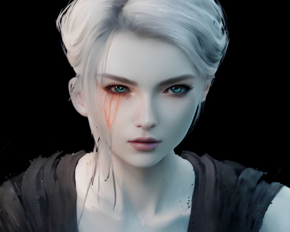 Digital Artwork: Woman with Blue Eyes and White Hair, Bleeding Scar, Dark Background