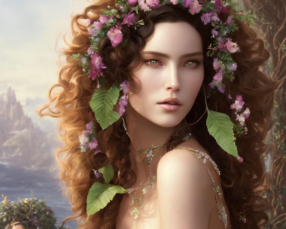 Portrait of Woman with Curly Hair, Floral Wreath, Green Eyes, Nature Dress & Sc