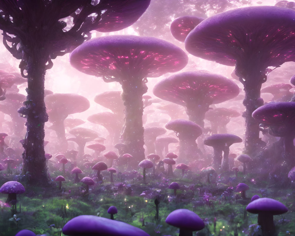 Enchanted Forest with Oversized Purple Mushrooms in Pink Haze