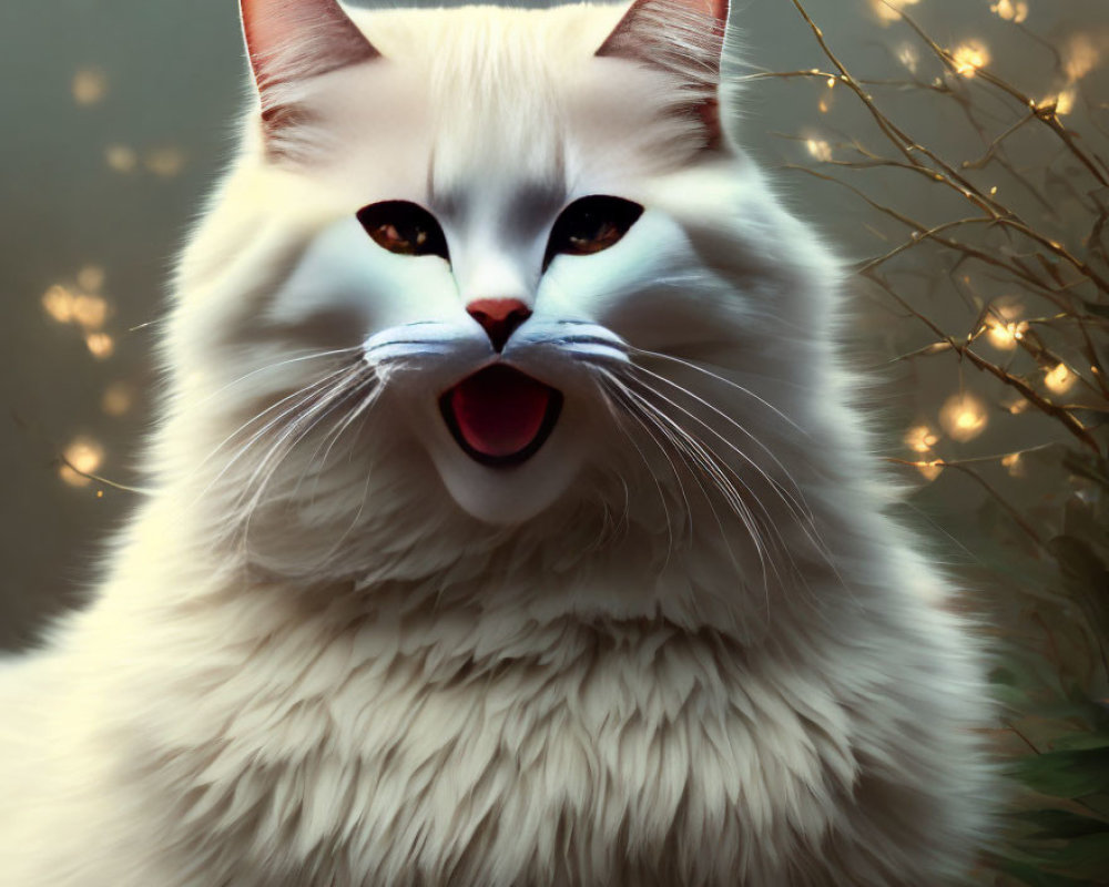 Fluffy White Cat with Amber Eyes in Soft Lights and Foliage