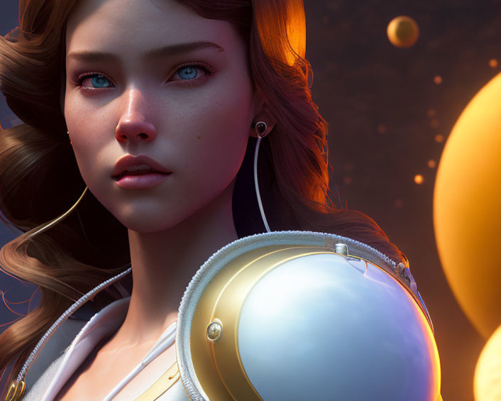 Digital illustration of young woman in futuristic suit with blue eyes and brown hair, holding golden helmet, surrounded