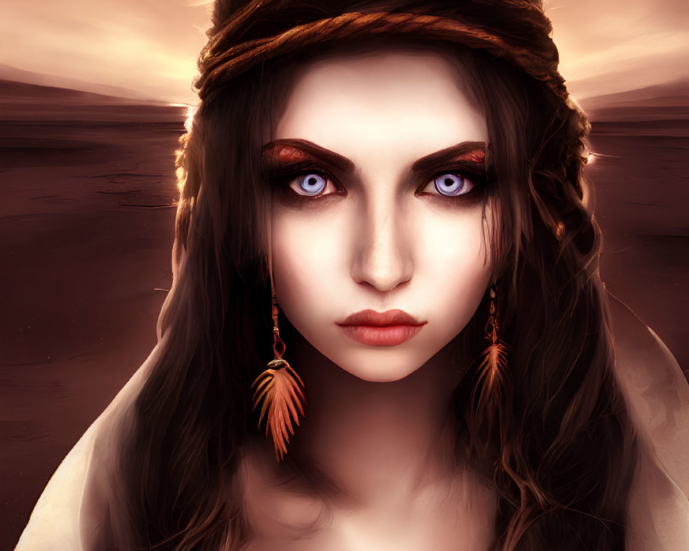 Woman with Blue Eyes and Brown Hair in Headband and Feather Earrings on Dusky Sky Background