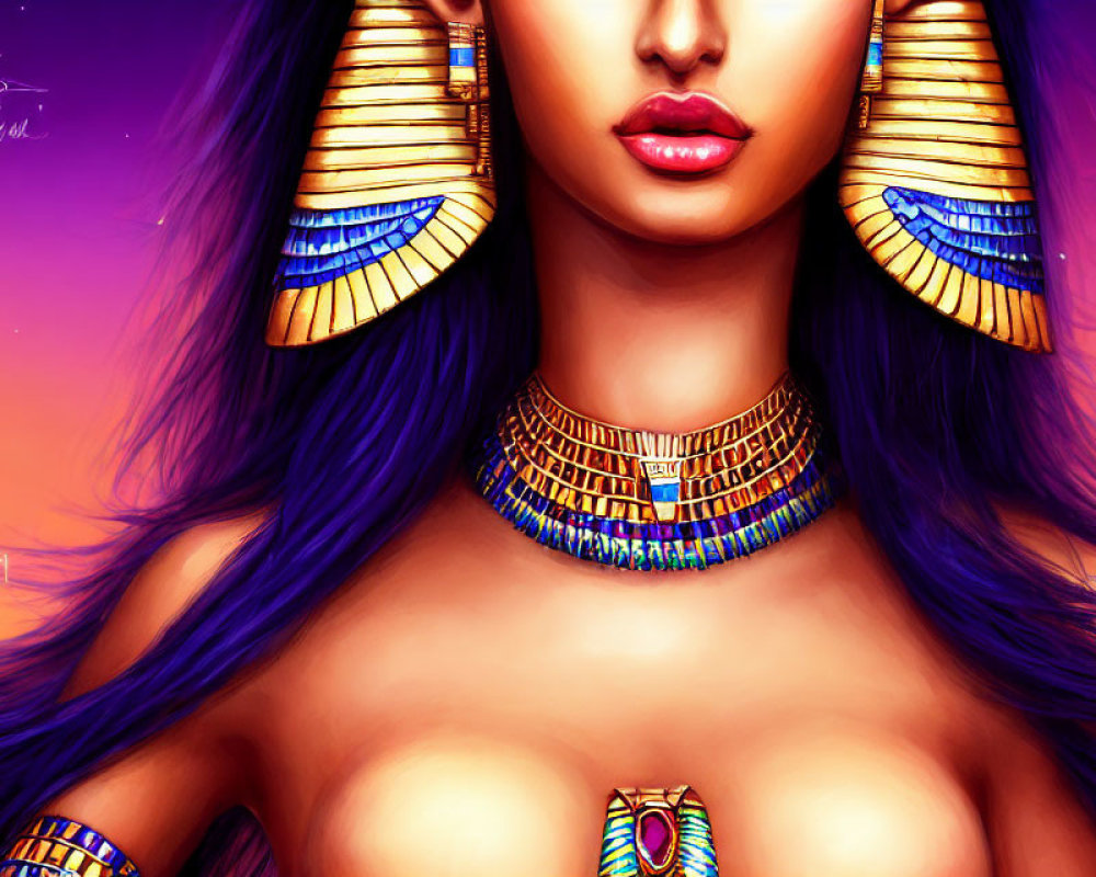 Vibrant purple-haired woman with gold Egyptian jewelry