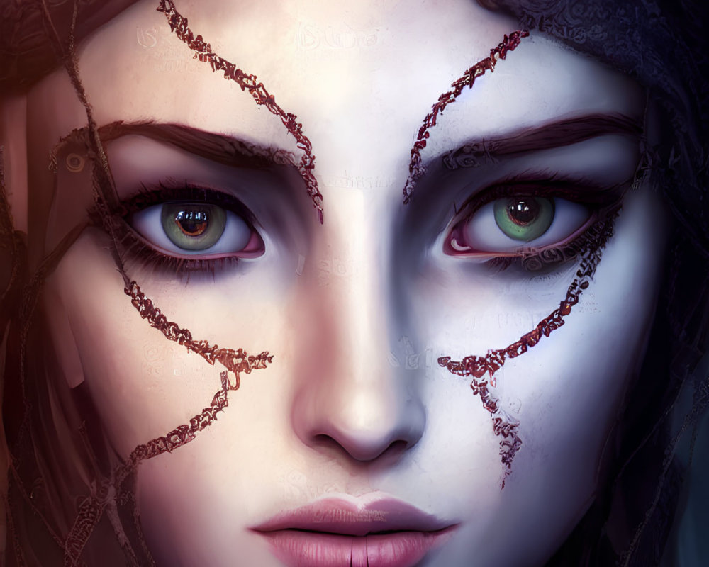 Digital portrait: Woman with captivating eyes, intricate red scars, and shadowy headdress