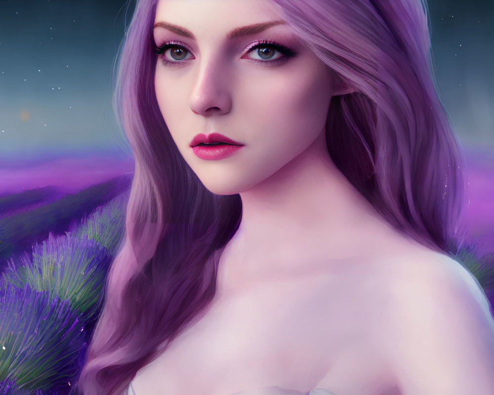 Purple Artwork: Woman with Lavender Hair and Violet Eyes in Starry Night Landscape