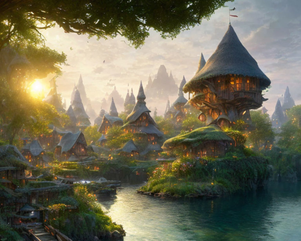 Fantasy village with thatched-roof houses at sunset