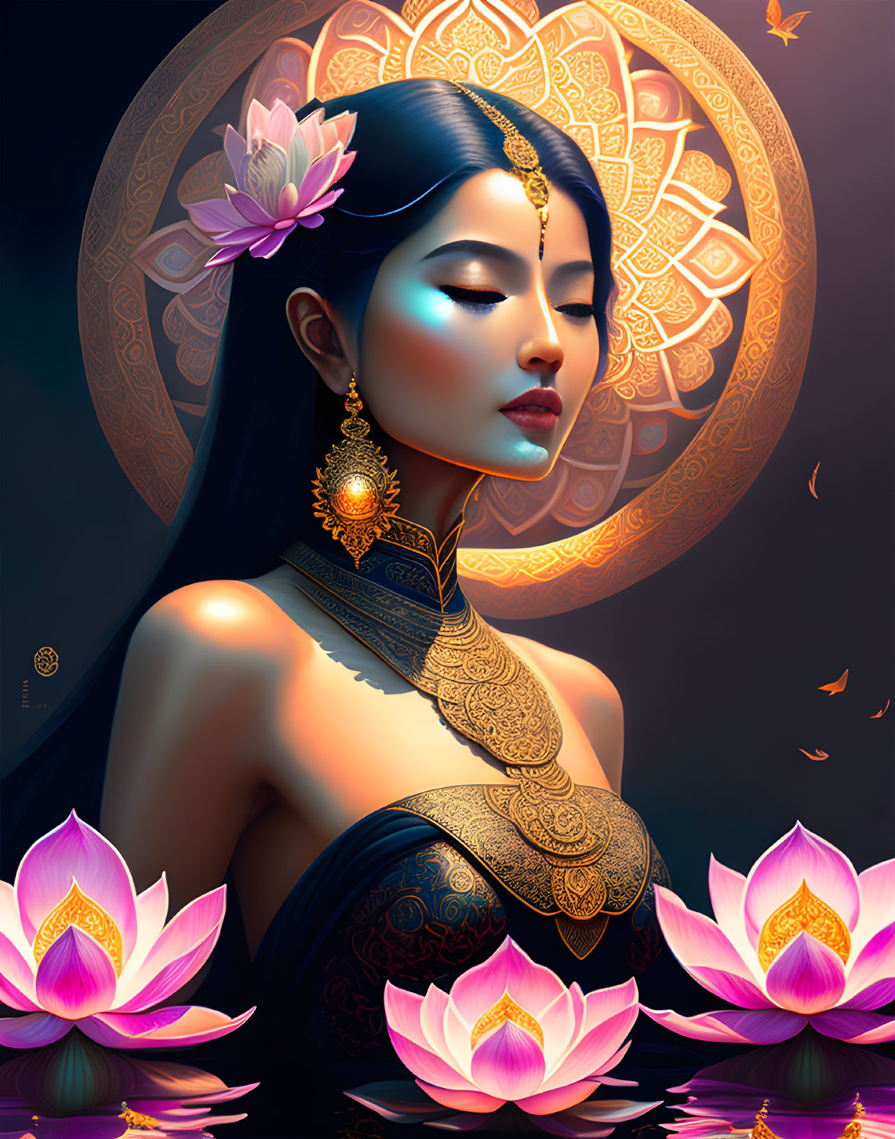 Blue-skinned woman with gold jewelry among pink lotuses and ornate wheel