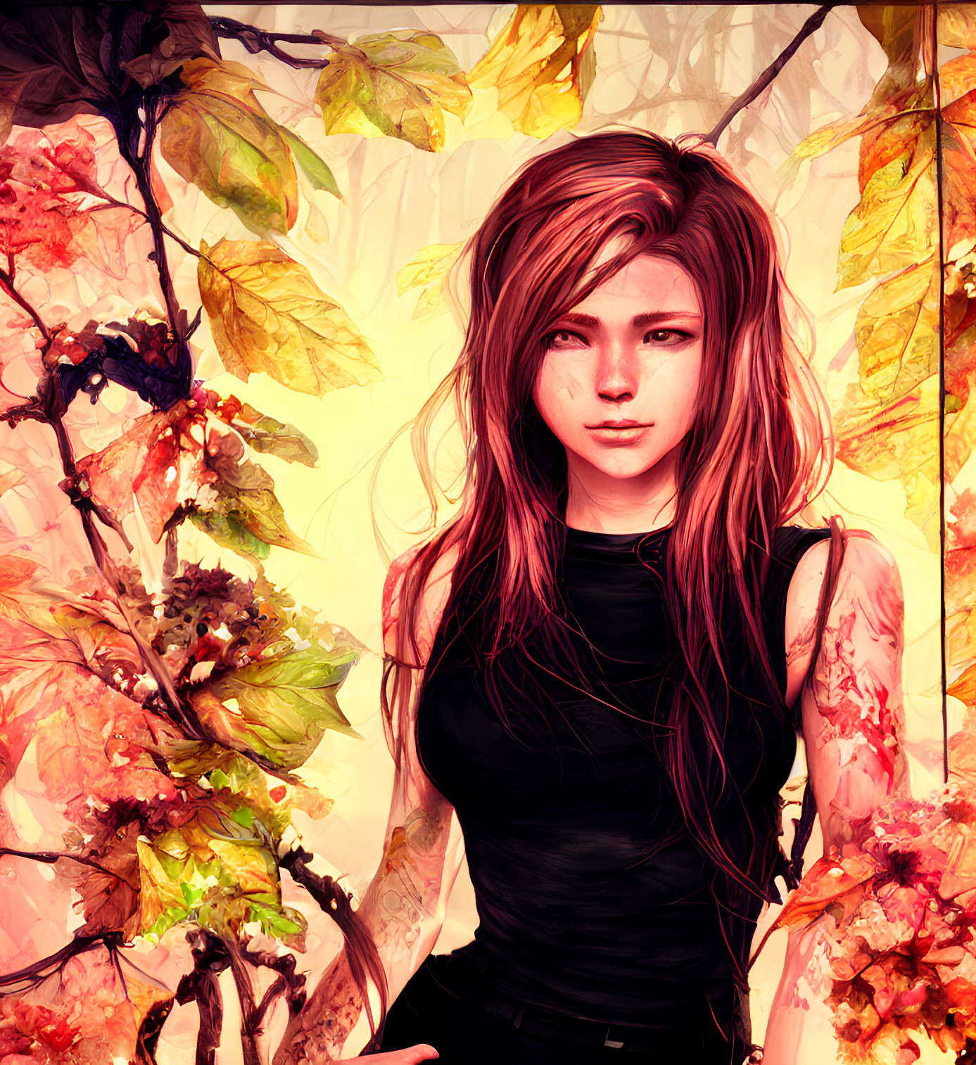 Vibrant autumn leaves frame young woman with pinkish hair