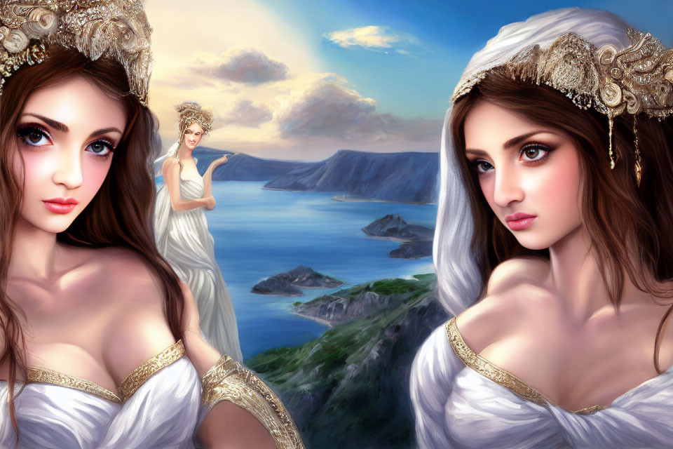 Illustrated Women in White Dresses with Ornate Headdresses by Coastal Landscape