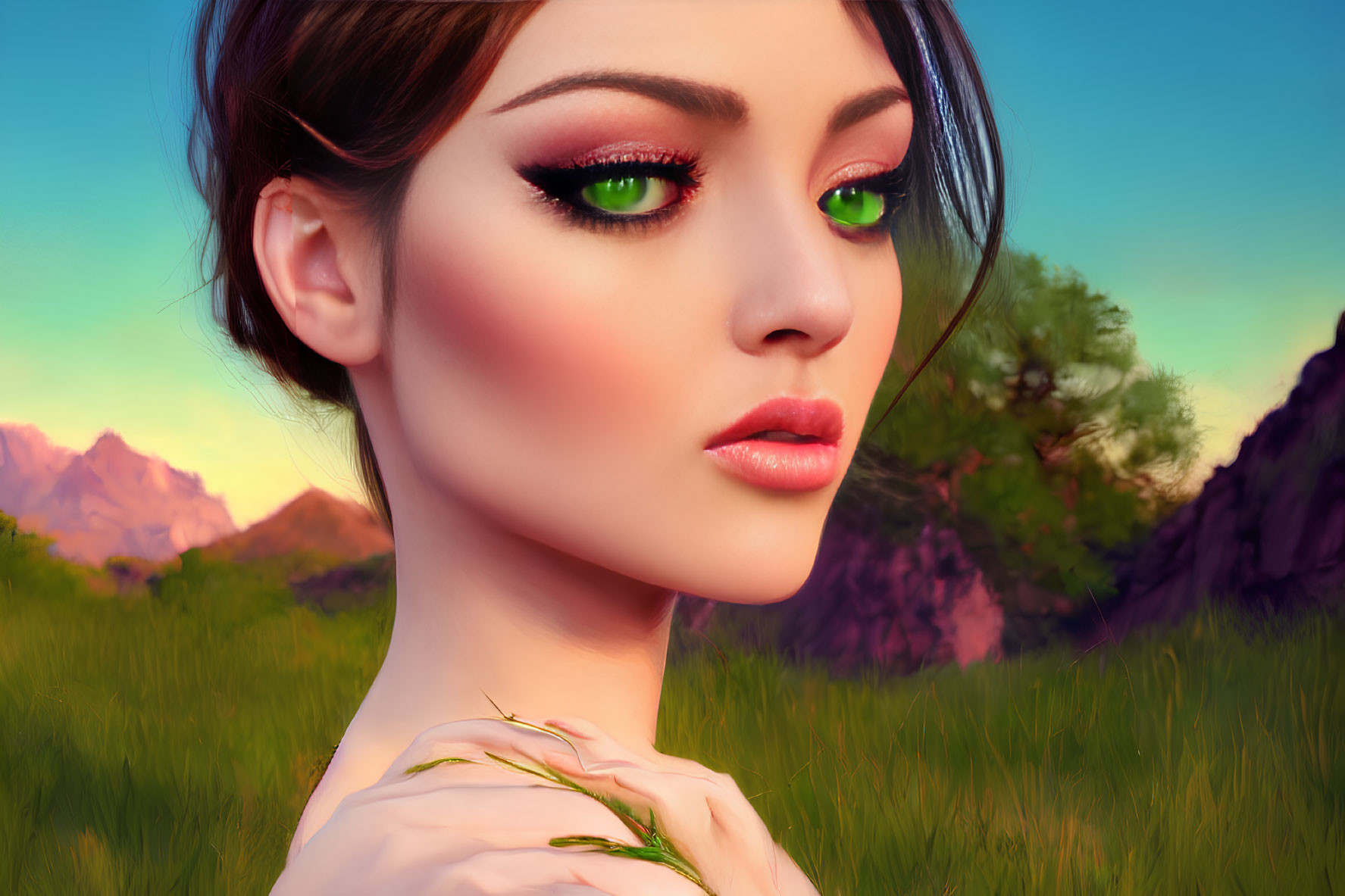 Vibrant digital portrait of woman with green eyes in sunset landscape