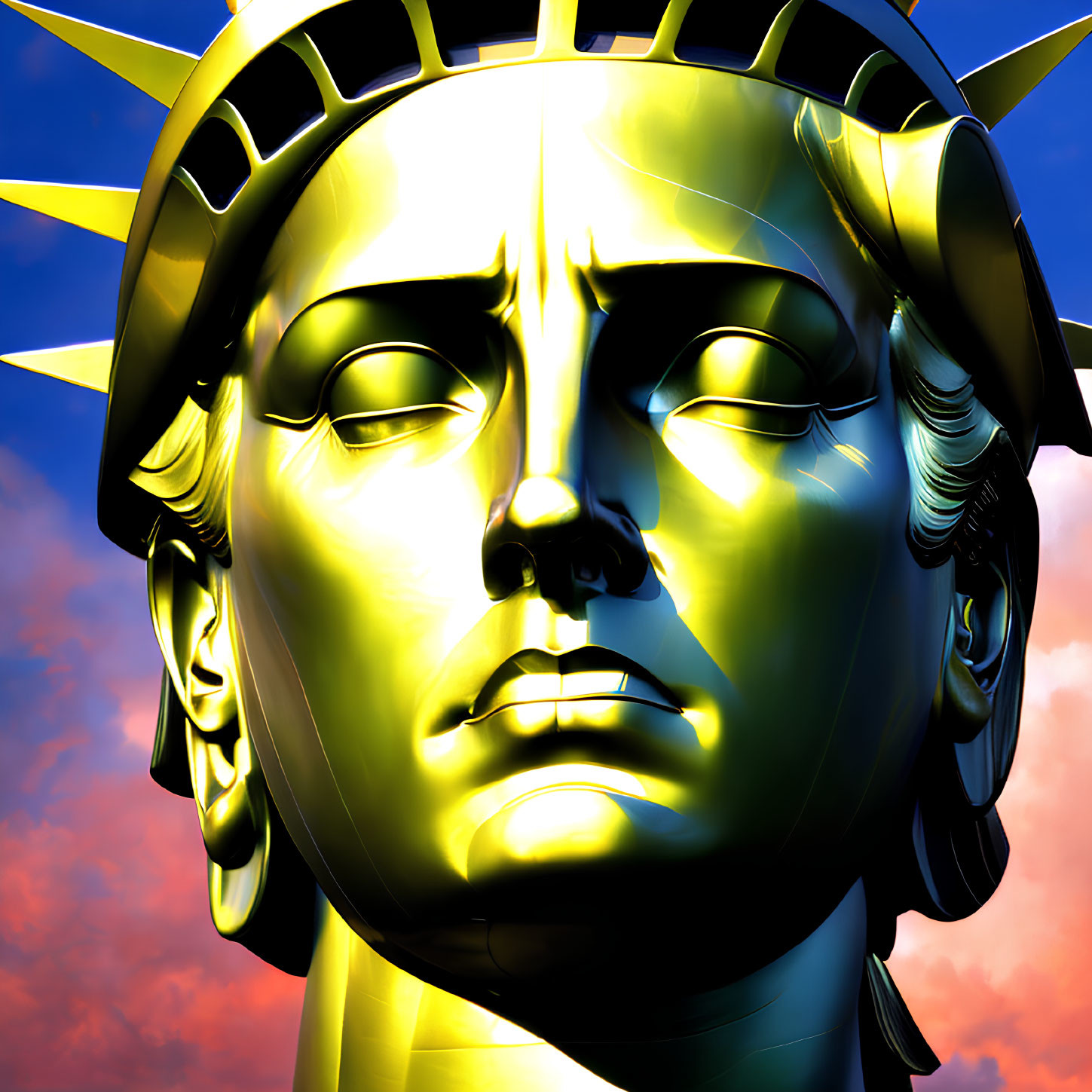 Statue of Liberty Face Close-Up Against Dramatic Sky