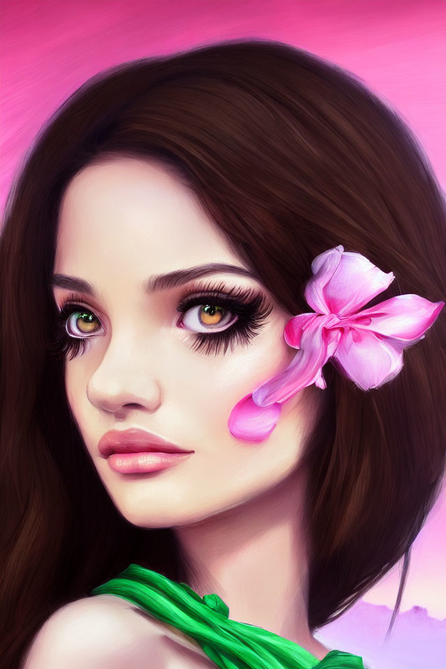 Portrait of woman with pink flower, long eyelashes, green attire on pink backdrop