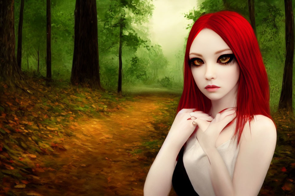 Digital Artwork: Woman with Red Hair in Autumn Forest