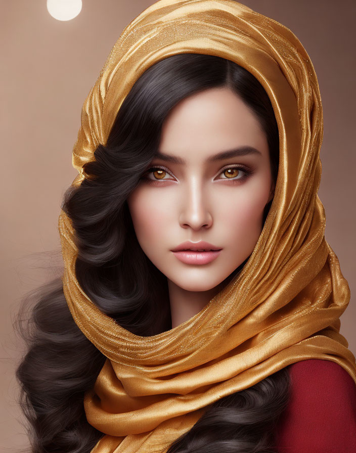 Woman with wavy black hair and amber eyes in elegant golden headscarf on brown background