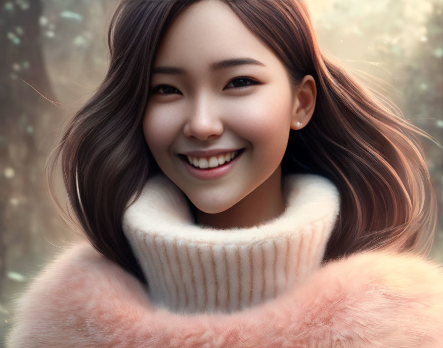 Radiant woman in white turtleneck and pink coat with flowing hair