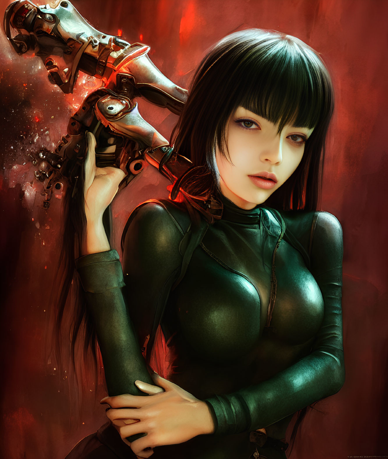 Stylized female character with long black hair, ornate gun, and red backdrop