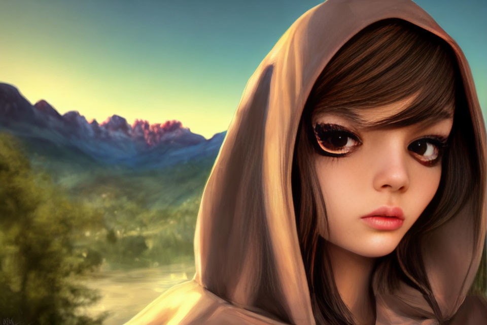 Illustrated character with large eyes in brown hood against mountain landscape