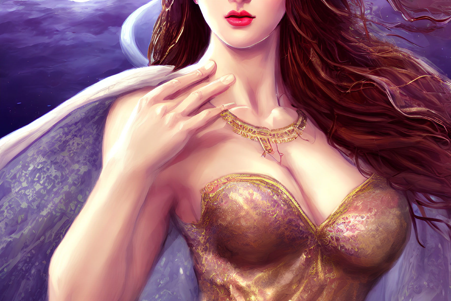 Illustrated portrait of woman with auburn hair in golden corset on starry blue background