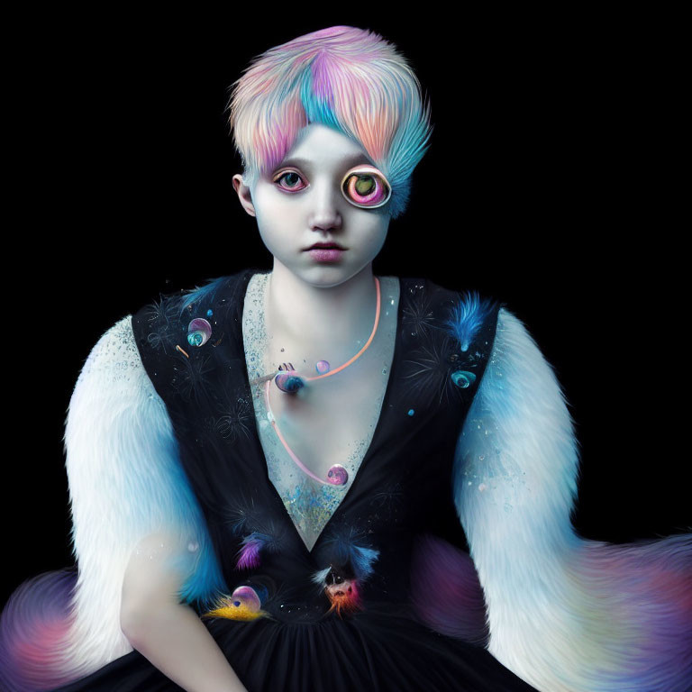 Colorful surreal portrait with rainbow hair, three eyes, feathered outfit, and cosmic orbs on black
