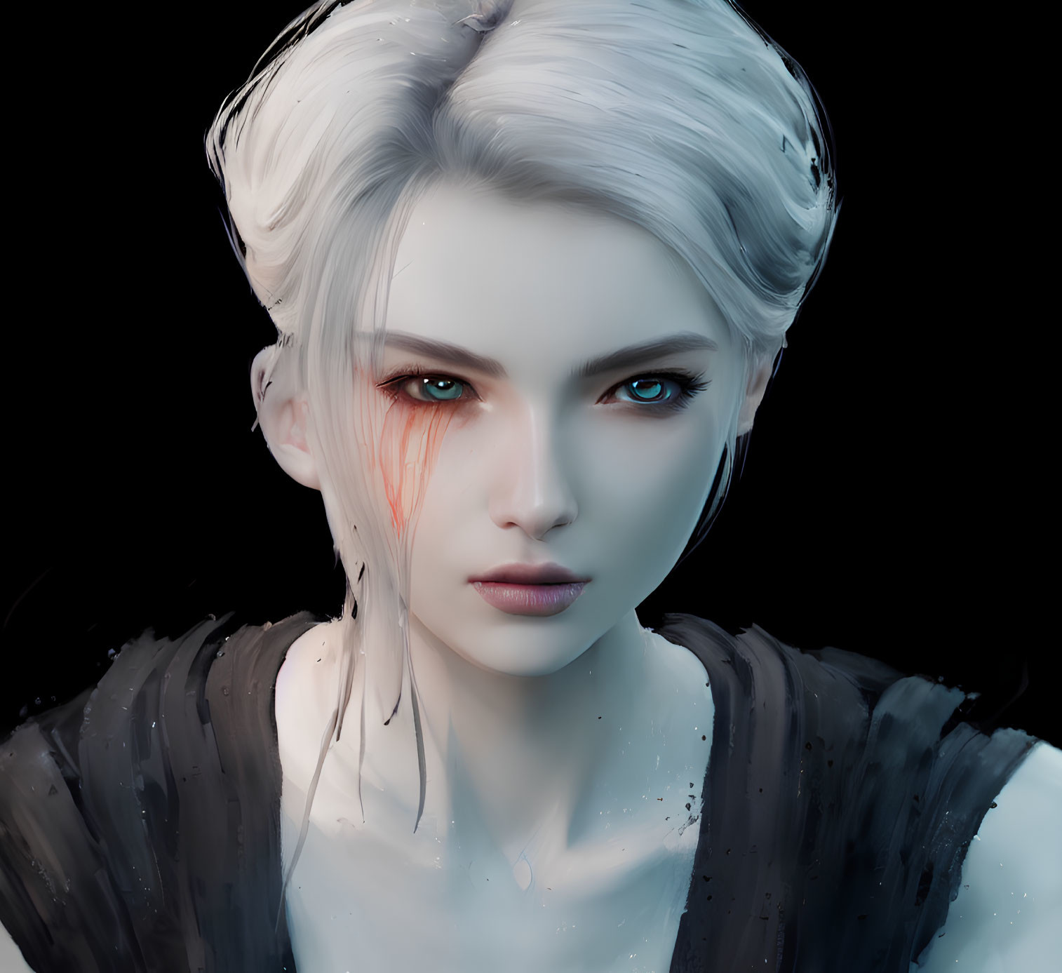 Digital Artwork: Woman with Blue Eyes and White Hair, Bleeding Scar, Dark Background