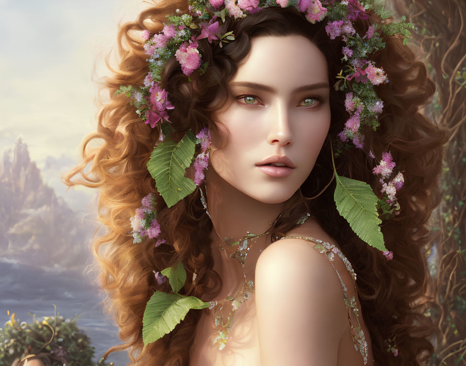 Portrait of Woman with Curly Hair, Floral Wreath, Green Eyes, Nature Dress & Sc