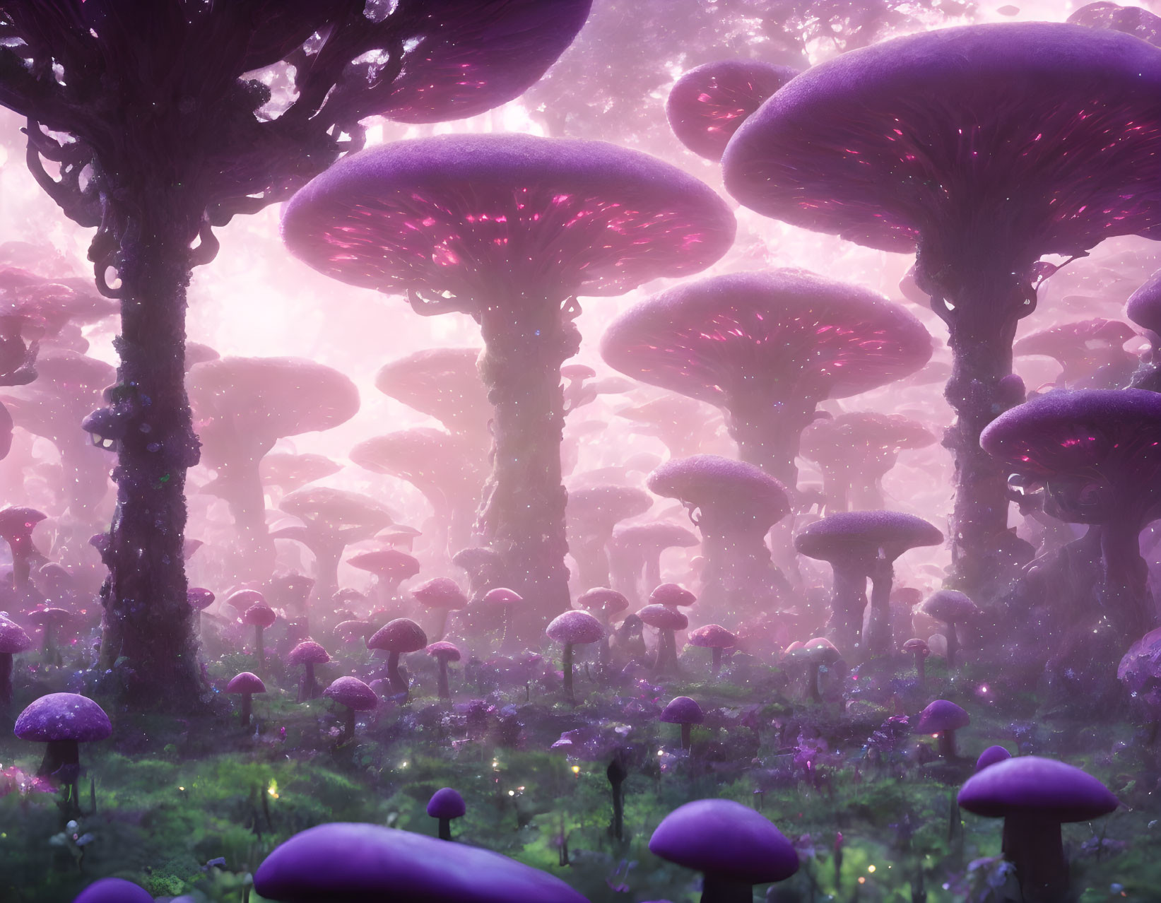 Enchanted Forest with Oversized Purple Mushrooms in Pink Haze