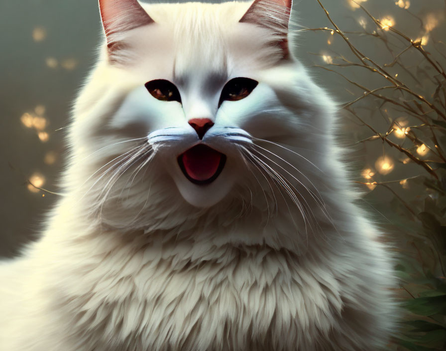 Fluffy White Cat with Amber Eyes in Soft Lights and Foliage