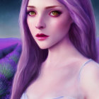 Purple Artwork: Woman with Lavender Hair and Violet Eyes in Starry Night Landscape