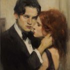 Intense romantic gaze between man and woman in illustrated image