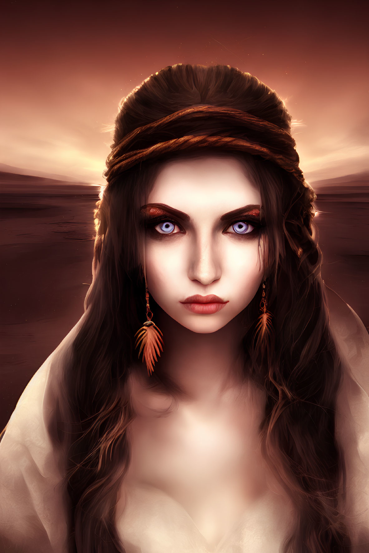 Woman with Blue Eyes and Brown Hair in Headband and Feather Earrings on Dusky Sky Background