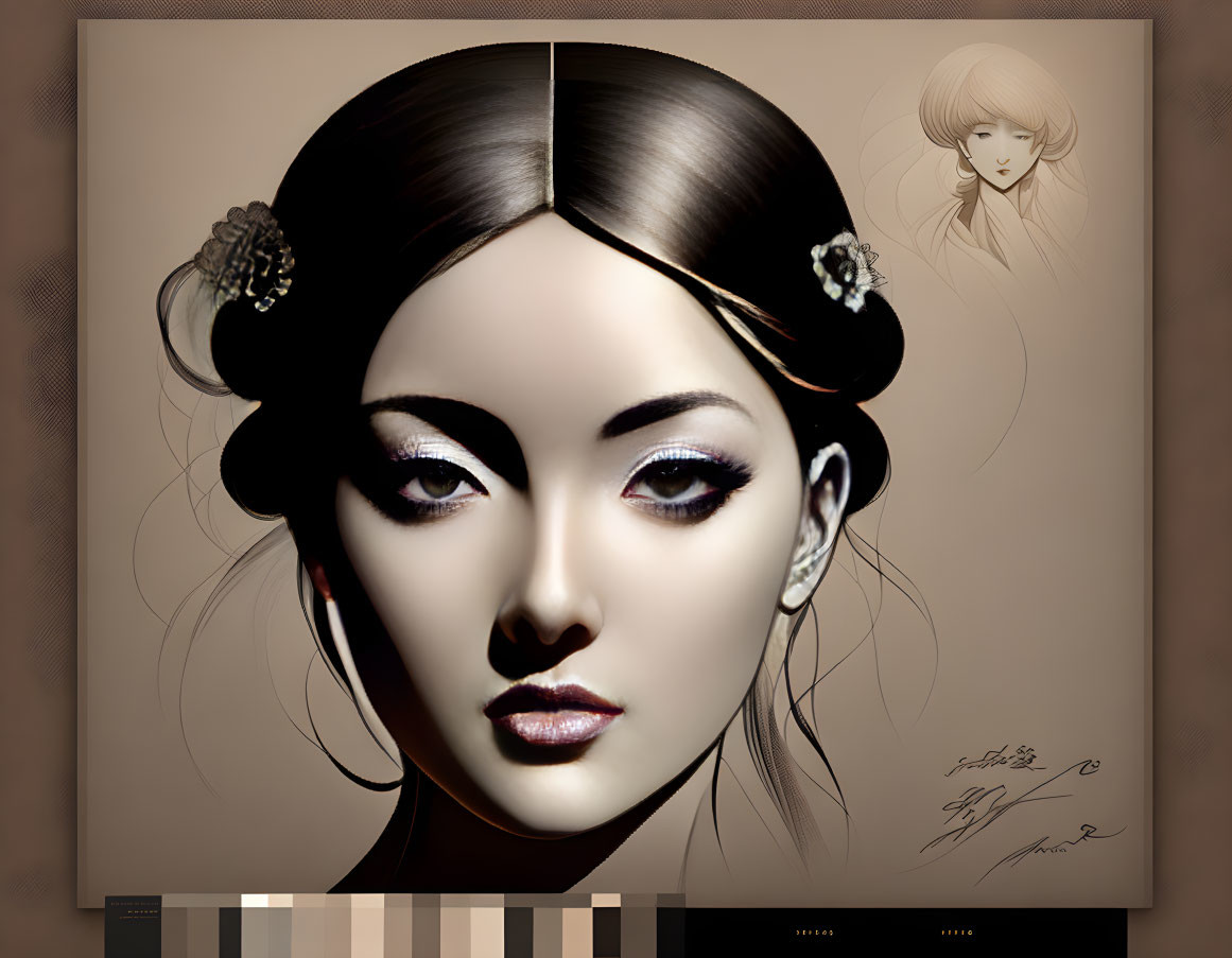 Detailed digital portrait of a woman with dark hair and floral adornments, serene expression, and intricate makeup