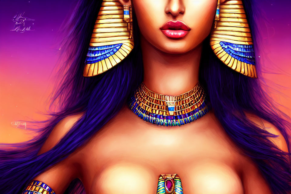 Vibrant purple-haired woman with gold Egyptian jewelry