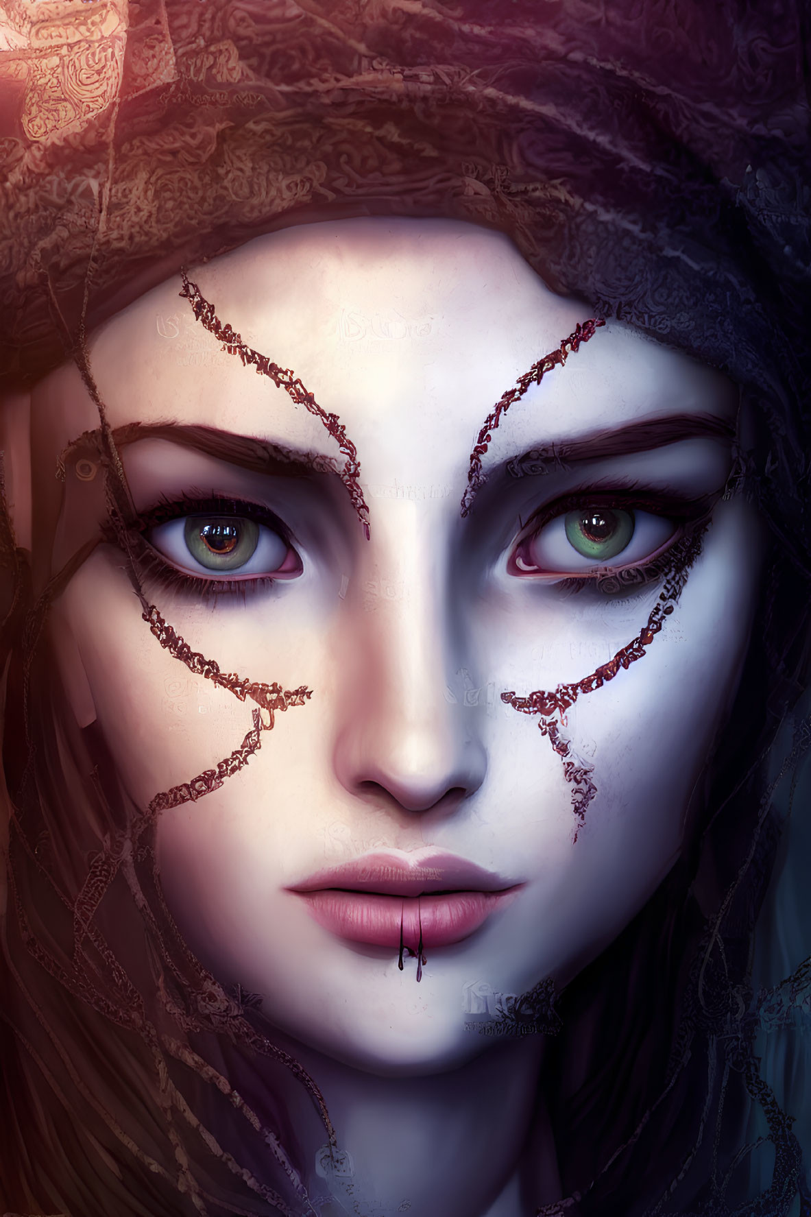 Digital portrait: Woman with captivating eyes, intricate red scars, and shadowy headdress